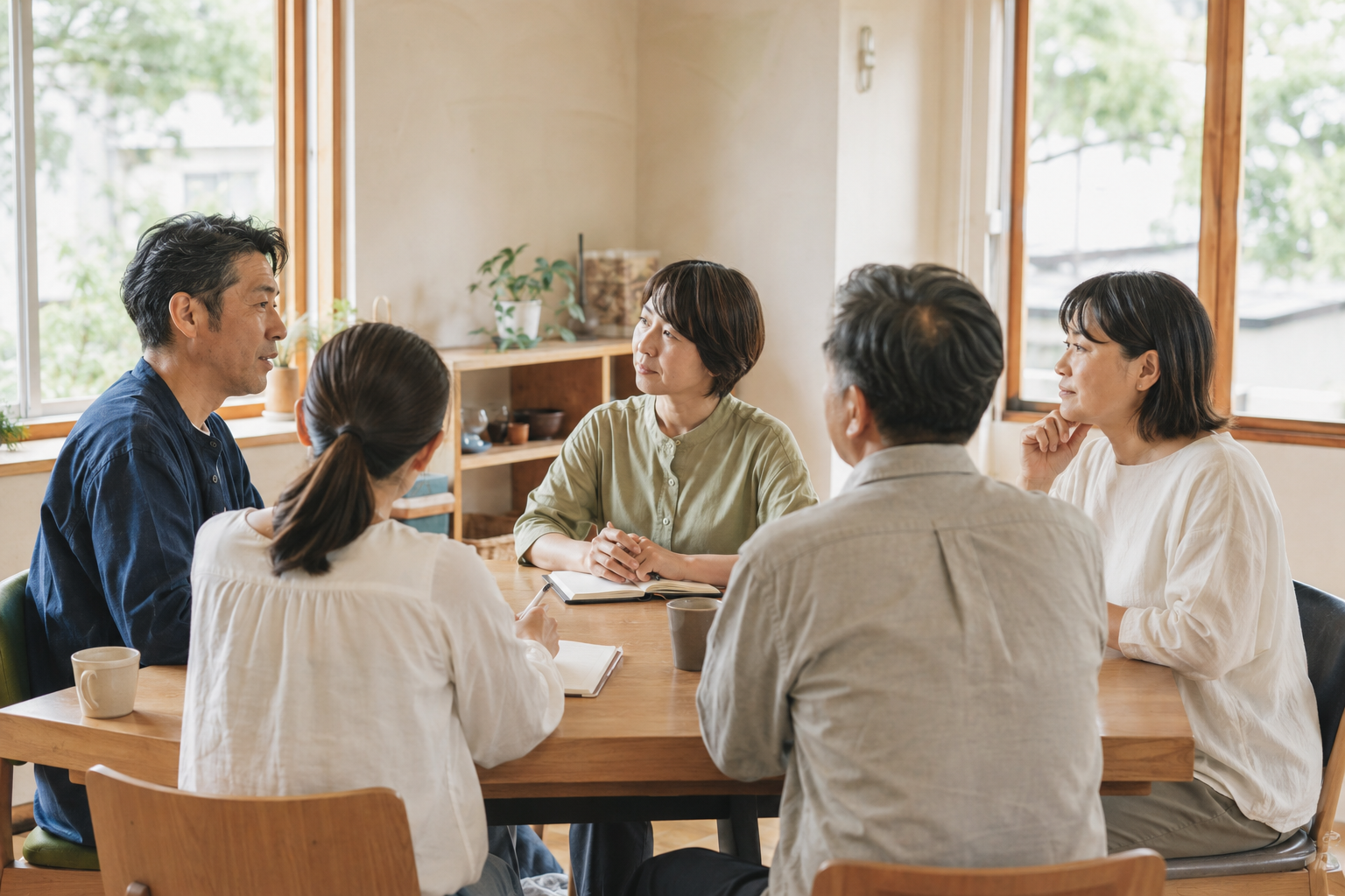 地域の部屋で、さまざまな世代の人が円卓を囲み対話しているイメージ